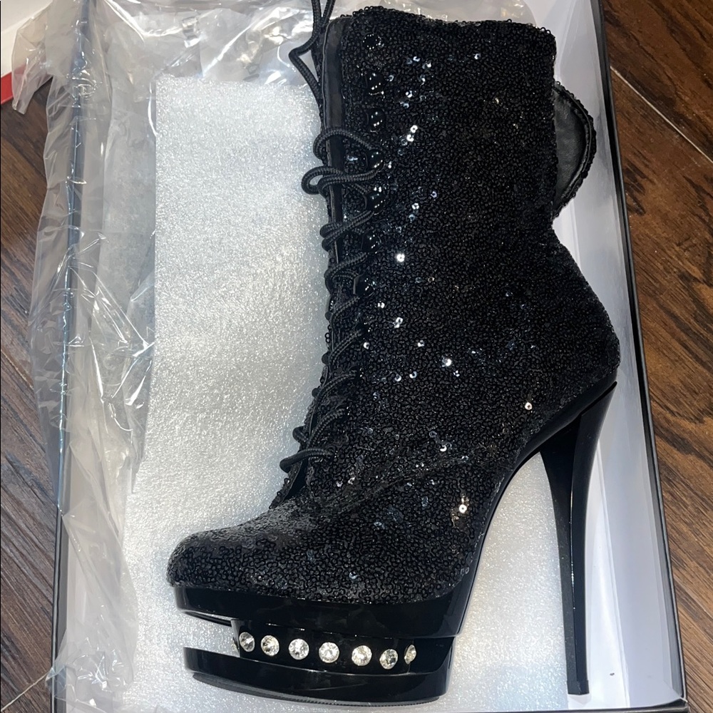 Pleaser Black Sequin Heeled Boots stripper boots - Picture 2 of 3